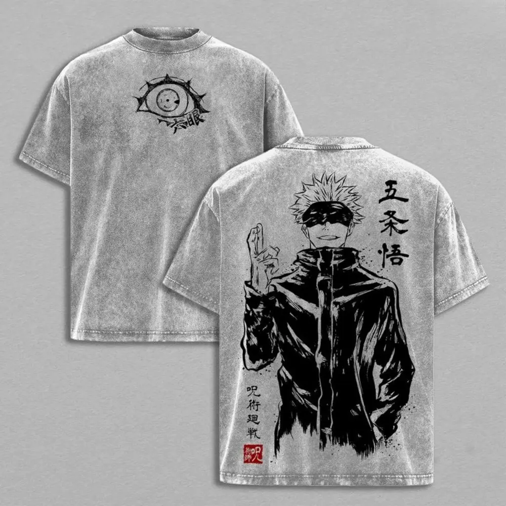 Unisex Jujutsu Kaisen Tops in Heavy Cotton, Vintage Oversized Graphic Round Neck Shortsleeve Streetwear with Gojo Satoru Print, Menswear