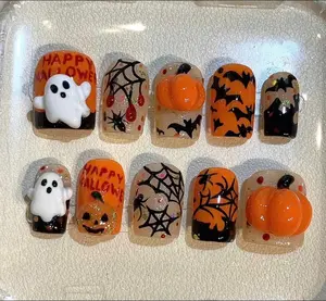 Happy Halloween Press On Nails Set 3D Cute Ghost & Pumpkin Hand Painted Gif For Halloween Party, Cosplay Nails