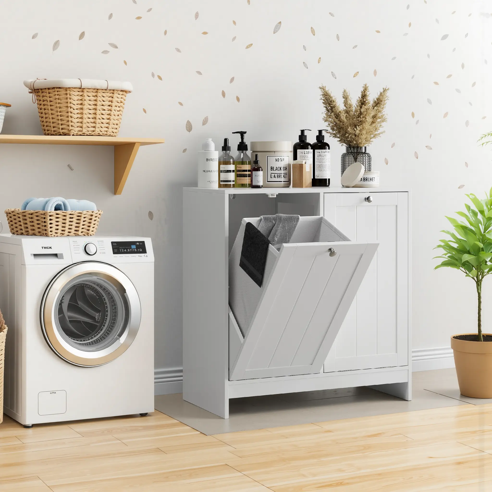 Tilted Free-Standing Laundry Hamper with Removable Basket - Hidden Bathroom Storage Cabinet, Home Organizer for Laundry Tools & Accessories