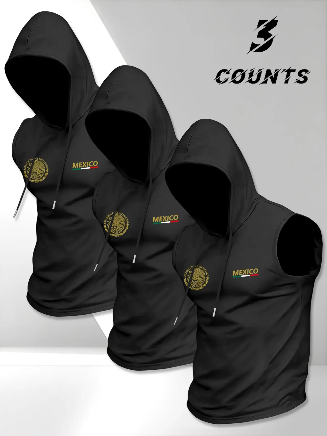 Men's Casual Sleeveless Hoodie T-Shirt 3 Piece Set, Mexican Vintage Coat of Arms Design, Fashionable Daily Wear, Ideal Gift