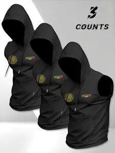 Men's Casual Sleeveless Hoodie T-Shirt 3 Piece Set, Mexican Vintage Coat of Arms Design, Fashionable Daily Wear, Ideal Gift