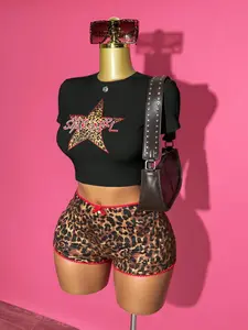 New Street Casual Slim Fit White Short-Sleeved Leopard Pattern T-Shirt + Leopard Contrast Lace Patchwork Shorts Women Two Pieces Set,Music Festival ,Easter, Vacation, Gyaru, CasualStreet,Graduation,Daily Outing, Party Gathering-A,Cheetah Print, Womenswear