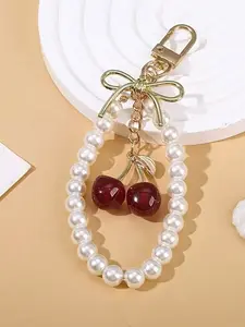 Handmade Bead Bow Cherry Keychain, Niche Fashion Design Bag Hanging Pendant, Cute Girl Style Bead Sparkling Pink Cherry Pendant Decoration,Beaded Bow，Keychain，Valentine's Day, Mother's Day, Ramadan Gift,Bag Charm|Bag Charm Decoration Pendant.