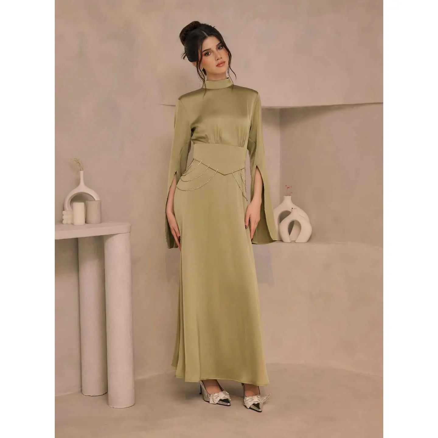 formal dress with collar and sleeves Formal Fitted Dress With White Collar main image 1