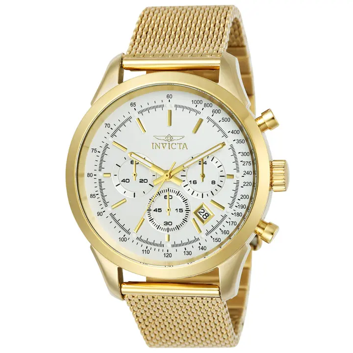 Invicta Speedway Men's 45mm Round Gold Steel Milanese Mesh Band Watch, Japanese Quartz Chronograph, Silver Sunray Dial, Gold Baton Markers, Triple Subdials, Date Window, Fold Over Safety Clasp, 100m Waterproof Swim-Ready Dress Sport Watch