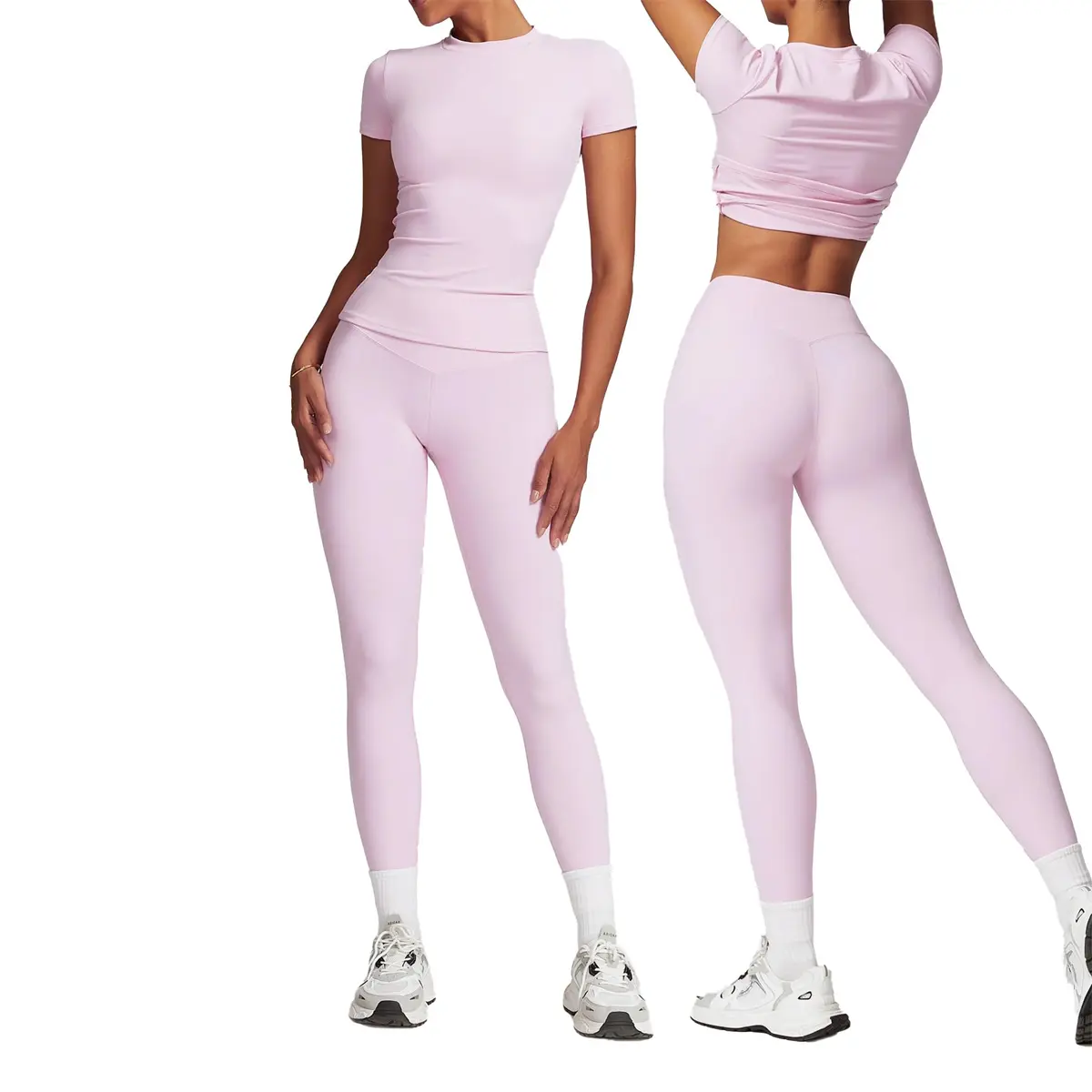 Women's 2-Piece Solid Round Neck Tee & High Waist Leggings Tracksuit Set, Back to School Sportswear, Workout Clothing with Effortless Movement, Smooth and Shape Fit, Avoid Bleach