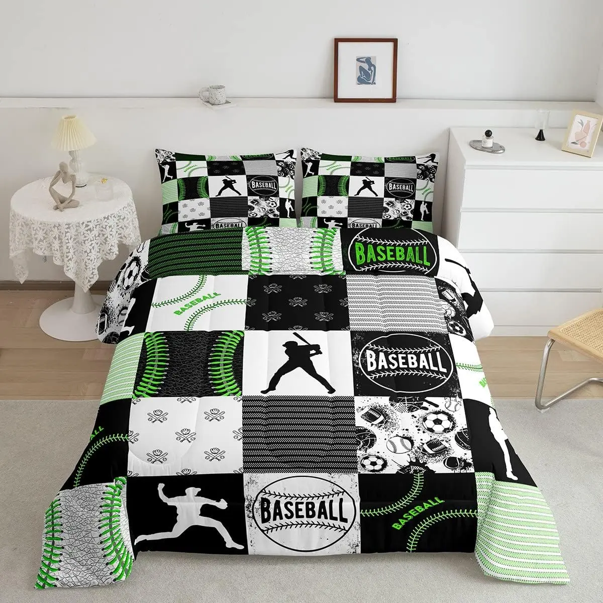 Boys Baseball Bedding Set,Softball All Season Comforter Set,Ultra Warm Sports Game Soccer Volleyball Quilted Comforter,Geometric Patchwork Comforter