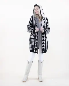 Comfy Oversized Geometric Cardigan with Hood and Pockets