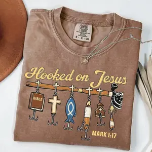 Comfort Colors Hooked on Jesus Christian Fishing TShirt, Mark 1:17 Bible Verse T-Shirt, Faith Fisherman Tee, Religious Angler Gift Tee