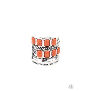 Ethnic Orange Mojave Monument Ring - Style B122, Stretchy Band for Flexible Fit, Twisted Silver and Studded Silver Bars, Adobe Rectangular Stone, Beads, 1-Size Everyday Costume Jewelry Accessory