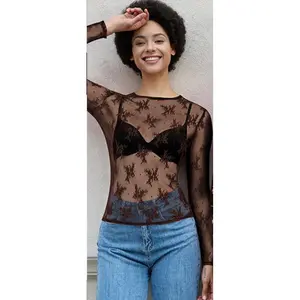 Black Sheer Lace Mesh Top Long Sleeve See-Through Layering Top for Women Lightweight Floral Embroidery Breathable Stylish Design Versatile for Club Nights Parties - Shirts, Womenswear