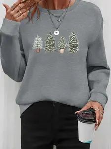 Women's Christmas Tree Print Long Sleeve Round Neck Pullover Sweatshirt, Casual Fitted H-Type Design, Available in 7 Colors
