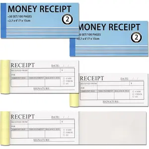 Money and Rent Receipt Book 5 Pack/250 Sets 2-Part 2.75"x6" Carbonless Copy Receipt Book with Cardboard and Waterproof Cover 50 Sets Per Book