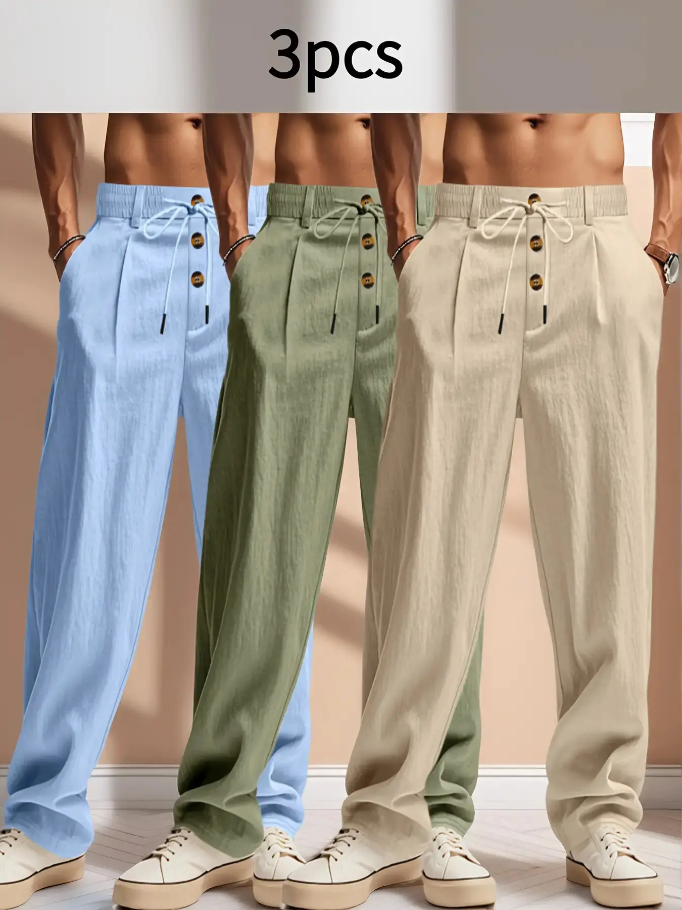 3 pieces of men's breathable linen casual pants - adjustable elastic belt & drawstring design, loose straight-leg style, button closure, beige/white/light blue, suitable for outdoor, beach, vacation and daily wear, Adjustable Waist Pants