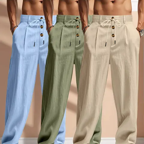 3 pieces of men's breathable linen casual pants -, adjustable elastic belt & Loose Fitting Drawstring design, loose straight-leg style, button closure, beige/white/light blue, suitable for outdoor, beach, vacation and daily wear