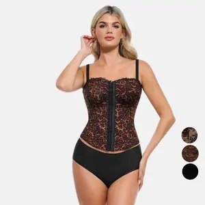 Popilush Leopard Corset Top Women's  Style Sexy Detachable Strap Lace Up Sculpting Shapewear