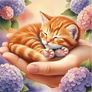 1PCS Diamond Painting Kit Cute Orange Kitten Sleeping in Hand with Hydrangea Flowers DIY Craft for Home
