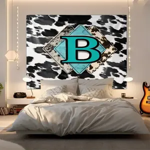 Cow Print Tapestry With Letter B Print, A Stylish Bedroom Wall Hanging Tapestry, Modern Aesthetic Home Decor Digital Print Wall Tapestry, Personalized Wall Decoration, Suitable For Bedroom, Living Room, And Study Wall Art Decoration.