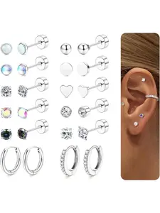 12 Pairs Hypoallergenic Flat Back Earrings for Unisex, Surgical Steel Small Ear Stud & Hoop Earrings, Zirconia Opal Heart Cartilage Set