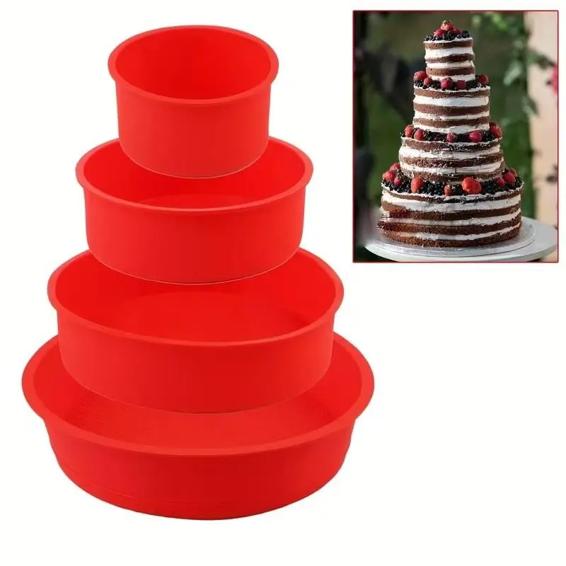 Set of 4 Round Silicone Cake Molds, 4/6/8/10 Inches, Non-Stick Heart-Shaped Baking Pans, Nonstick Baking Mold, Reusable for Multi-Layer Cakes, Homemade Cakes, Silicone Bakeware Set