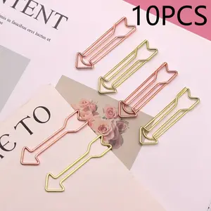 10pcs Arrow Shape Paperclips Creative Bent Pins Colorful Cartoon Clips Office Document Holders Metal Gold Memo Clamps File Binding Clips