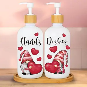 Valentine's Day Liquid Soap Dispenser Set (includes Tray), Heart Dwarf Shape with Pump Squeeze Design, 16oz Refillable Container Bamboo