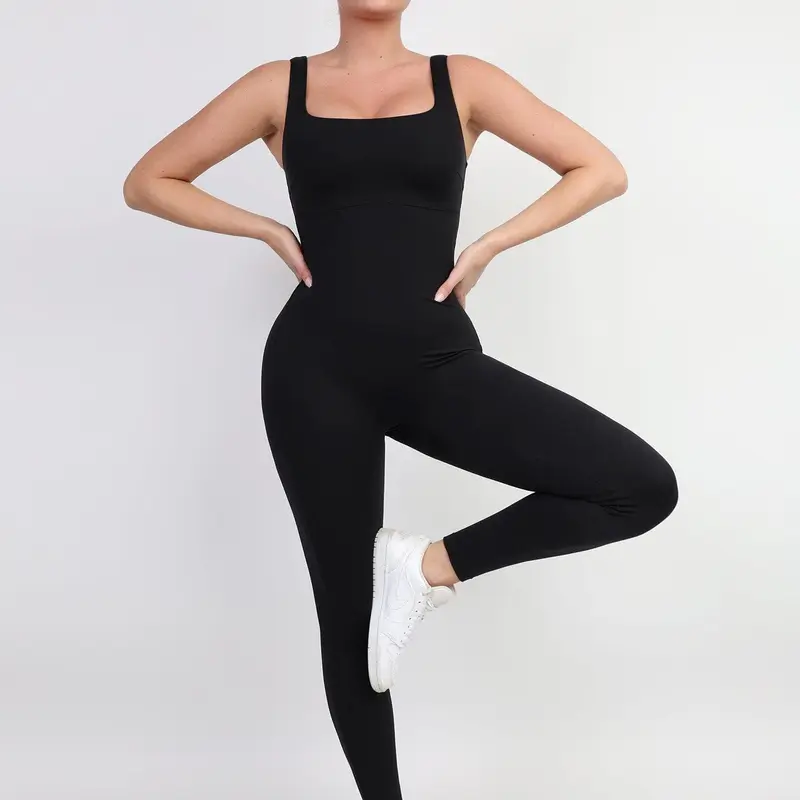 Popilush Built-In Shapewear Jumpsuit Thigh Slimming Workout Pants Long Sleeveless Activewear for Tummy Control & Buttocks Enhancement - Gym Clothing-live