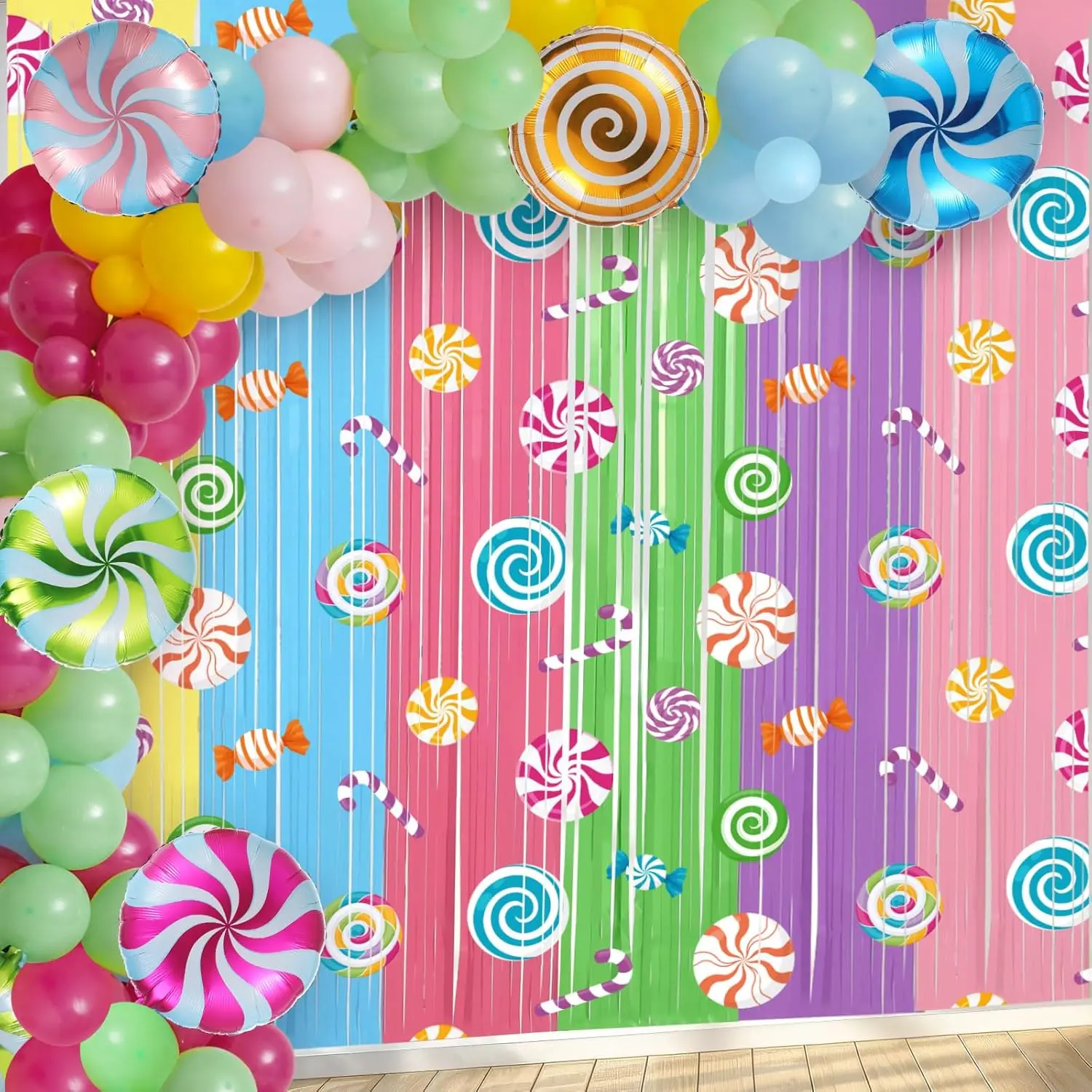 Candy Party Decoration Kit 2 Candy Foil Fringe Curtains & 97 Pcs Balloon Garland with Lollipop
