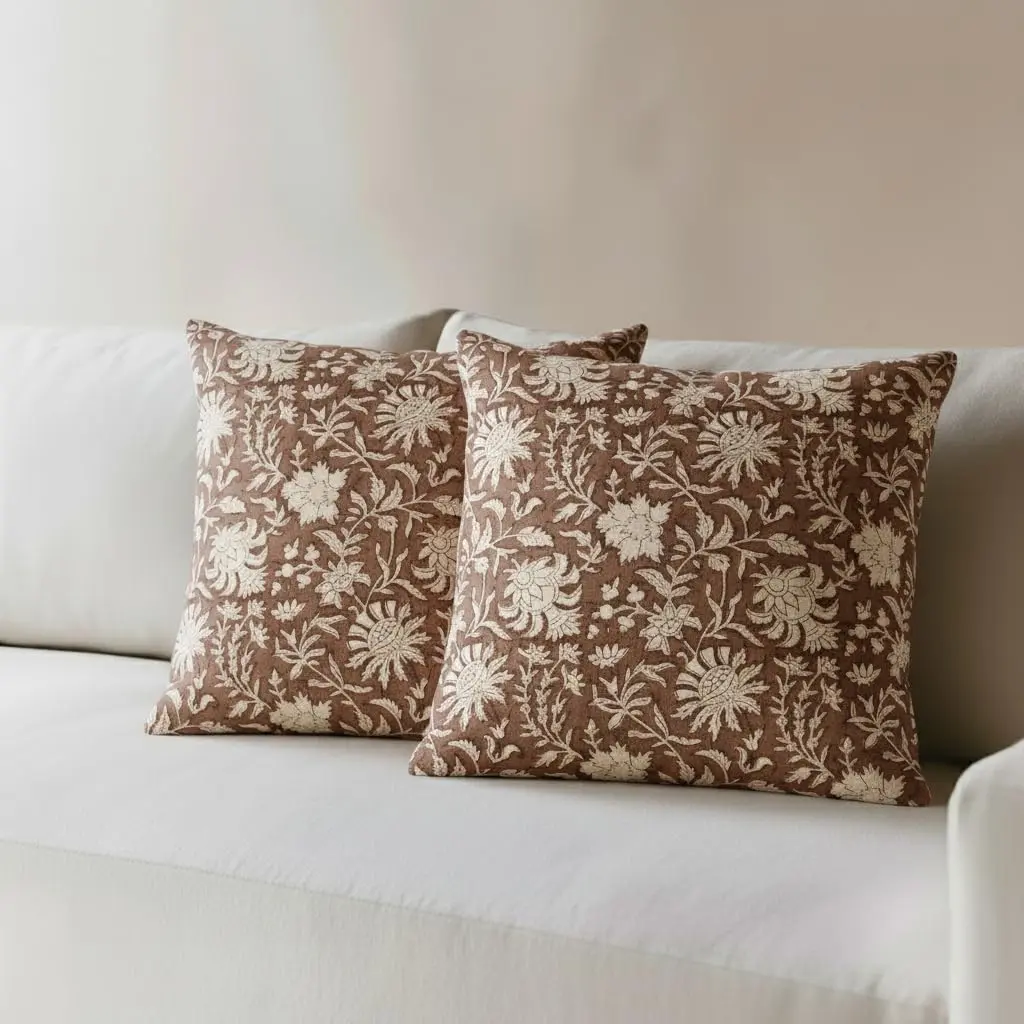 RAMETI Brown Floral Pillow Covers 18x18 - Set of 2 Washable Cotton Hand Block Print Pillow Covers with Hidden Zipper, Double-Sided Block Print Design, Decorative Cushion Covers for Home