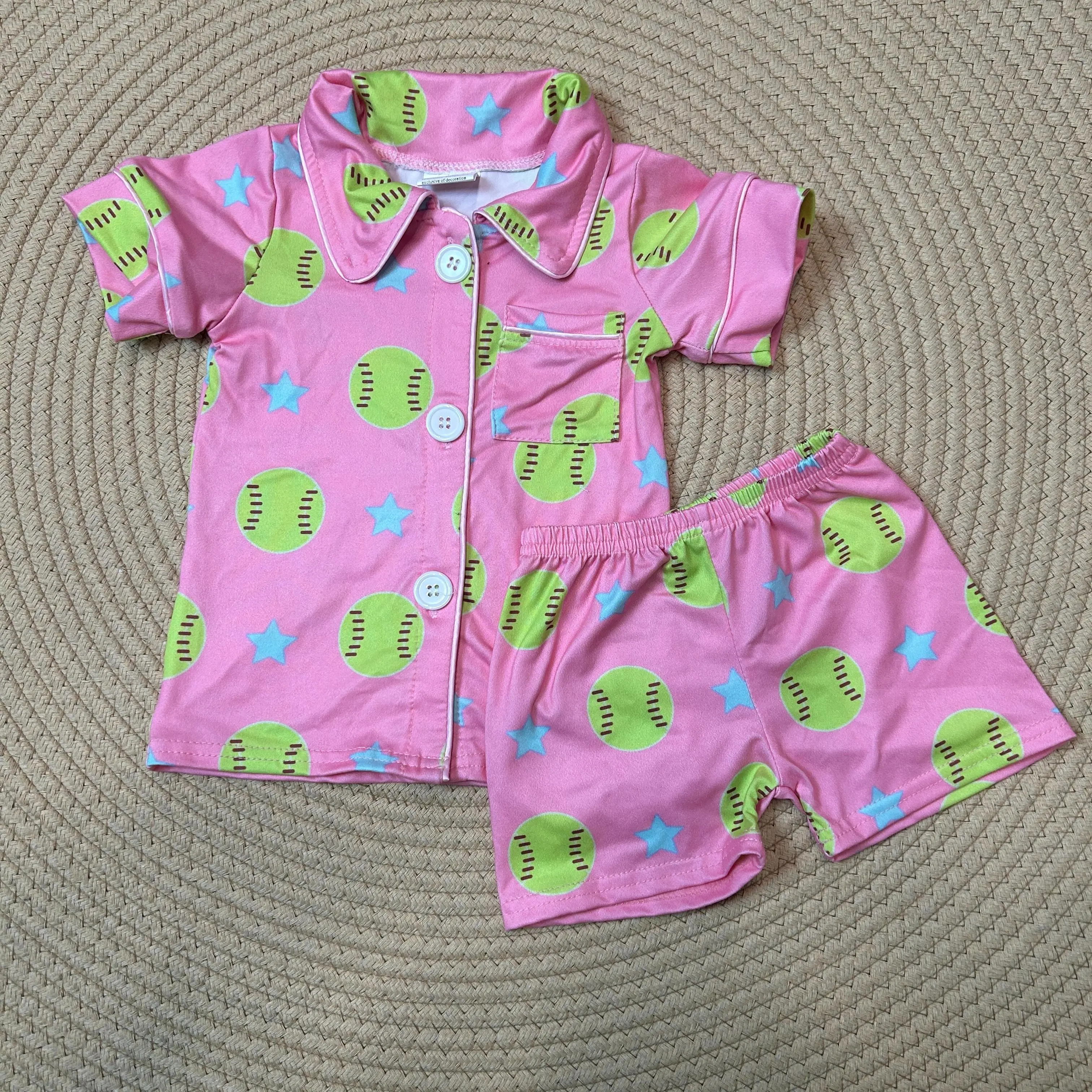 Girls' Toddler Sleepwear Pajamas - 2-Piece Softball Stars Pink Short Sleeves Set, 4-5 Years, Cozy Breathable Medium Stretch Soft Casual Fabric, Machine Washable, Soft Casual Pajamas, Pajama Set