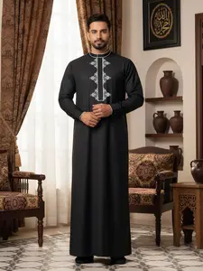 Men's Traditional Muslim Thobe, Embroidered Arabic Robe with Pockets for Eid & Daily Modest Wear, wardrobe staple, essential piece, trendy style, everyday wear, must have item, wardrobe essential, must have piece