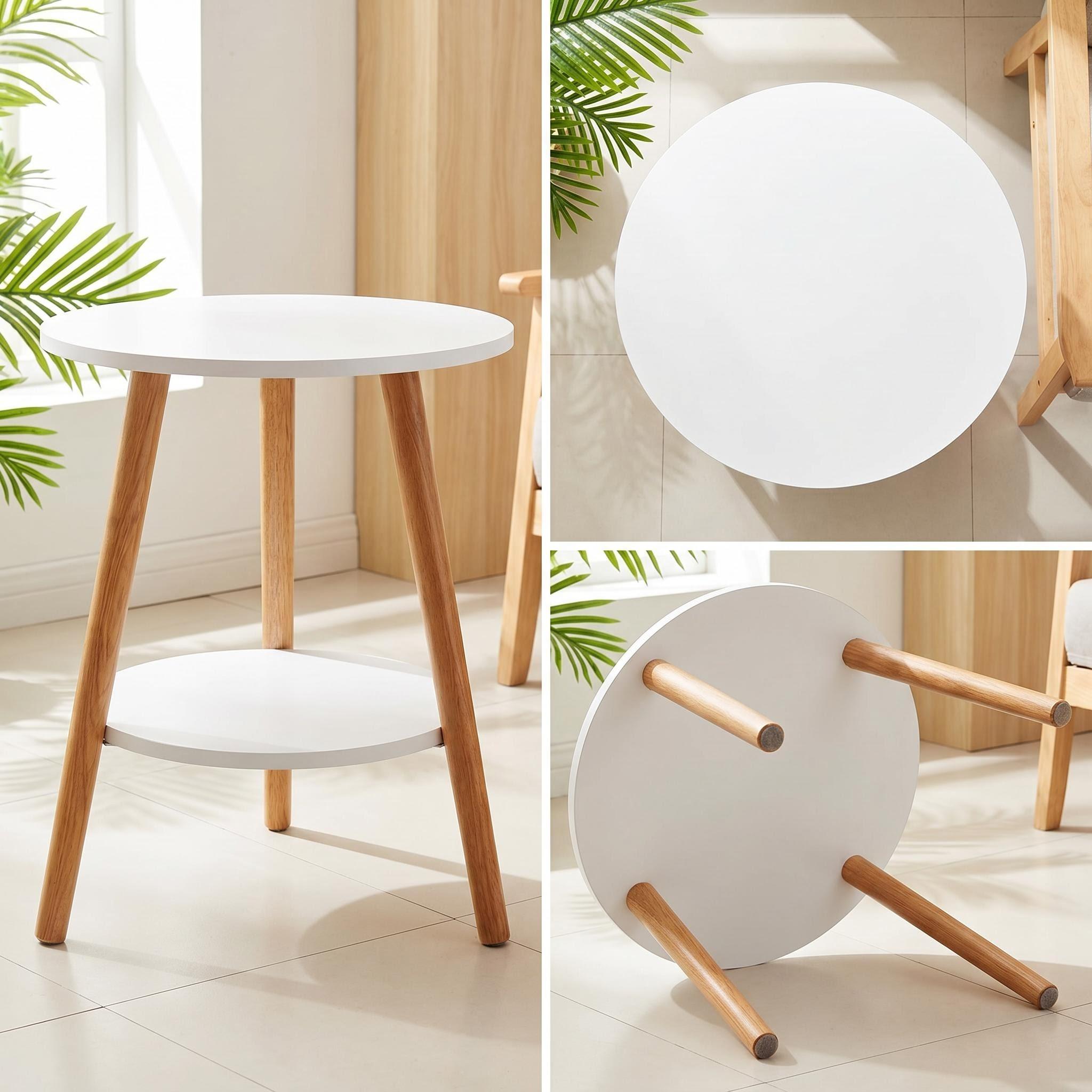 Outdoor Coffee Table Round Patio Side Table Double Layer Weather-Resistant Small Accent Table Modern White & Wood Finish for Garden Balcony Terrace