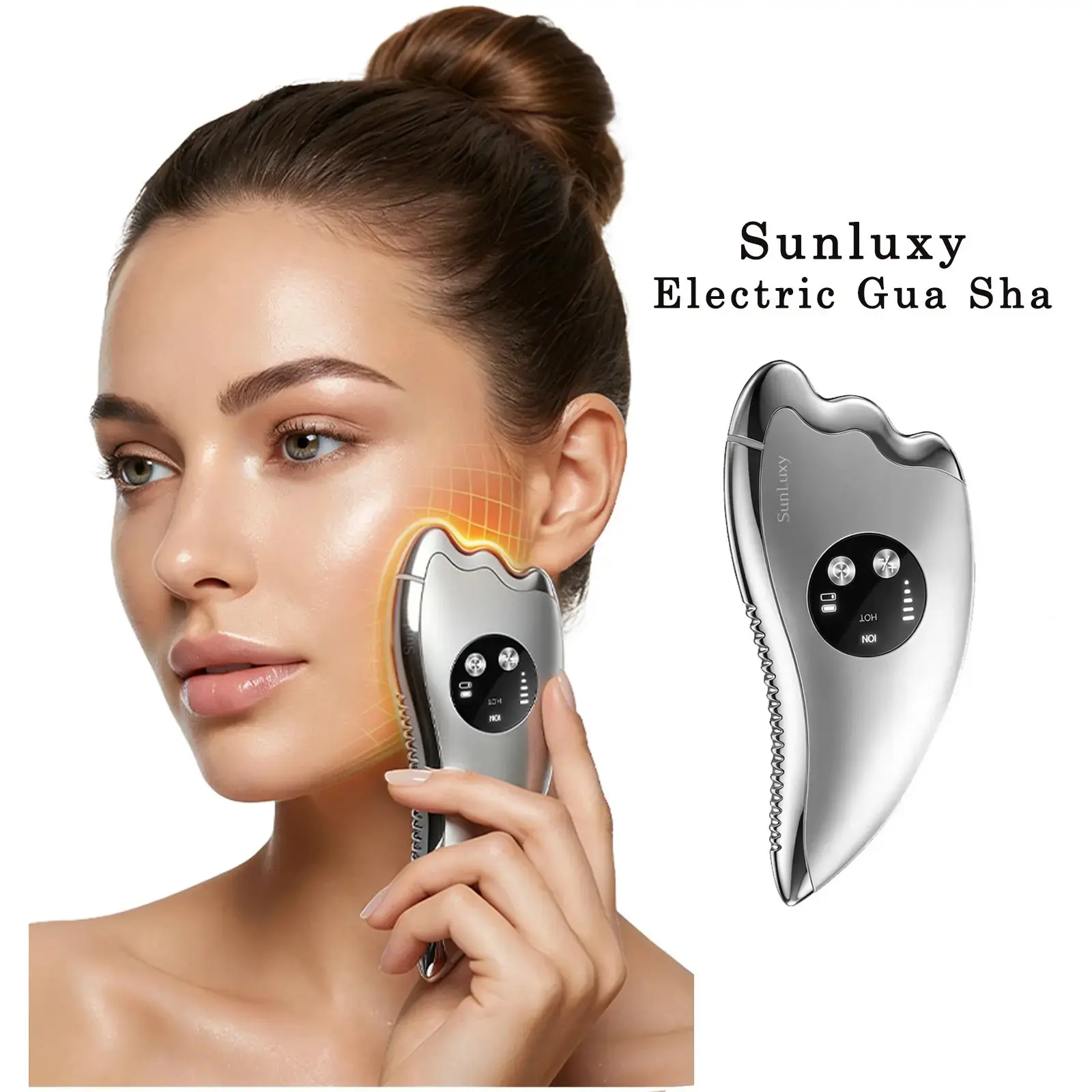 Sunluxy Electric Gua Sha Tool - 2-in-1 Dual-Sided, Microcurrent & Heated, No-Noise Facial Sculpting Device for Chin Firming & Skincare
