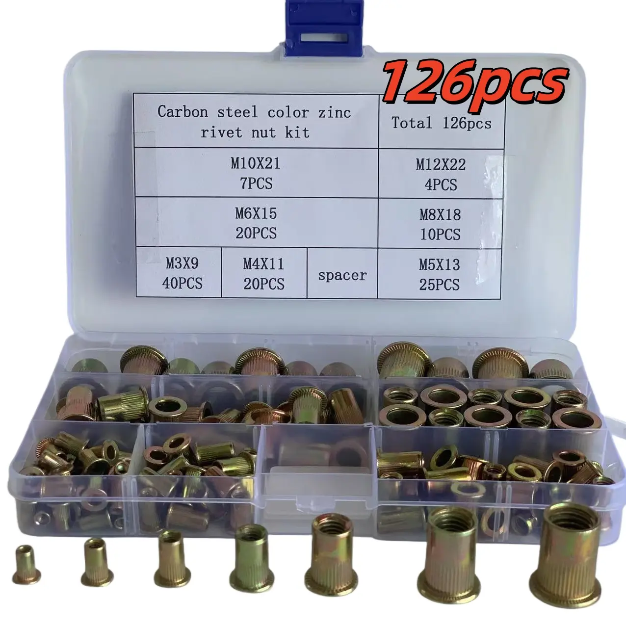 126 piece set of zinc plated carbon steel Heavy Duty Fastening blind flat head threaded rivet nut, rivet insertion nut plug, textured nut set, M3 M4 M5 M6 M8 M10 M12 model