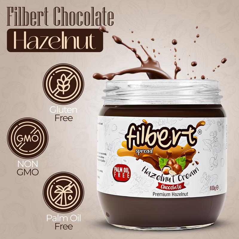 Filberts Premium Hazelnut Cream Chocolate Spread - Nutty Flavor, Healthier Option, Gluten-Free, Non-GMO, Halal & Kosher Certified, 400g Jar - Dip Creamy  Milk Natural