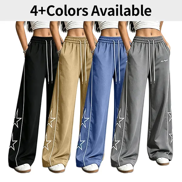 Women's Baggy Star Stripe Sweatpants, Comfortable Wide-Leg Knit Bottoms with Pockets and an Adjustable Drawstring for Everyday Wear, Basic, Suit, Fabric, Fit, Mid Waist, All Season