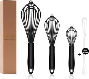 Dishwasher Safe  Whisk, Sealed  Design Set of 3, Professional Kitchen Whisks for Cooking Non-Scratch,  & Stainless Steel Whisk, Heat Resistant Balloon Egg Beater, Black