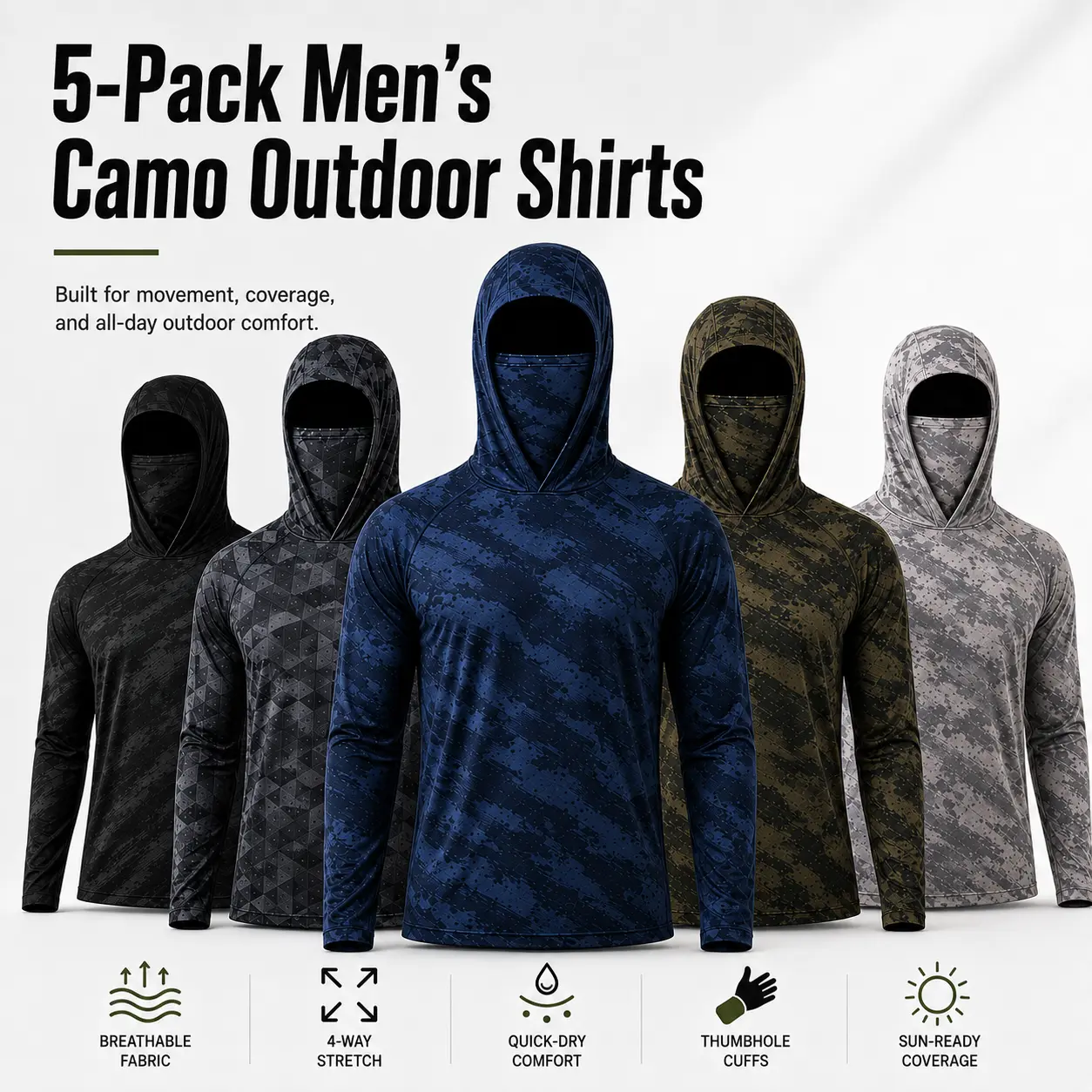 5-Pack Men’s Quick-Dry Camo Outdoor Shirts, Lightweight Breathable 4-Way Stretch Long Sleeve Hooded Tops with Balaclava Face Cover, Neck Gaiter & Thumb Holes for Sun Protection, Hunting, Fishing & Hiking