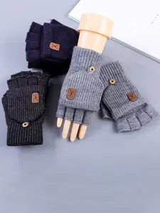 Colorblock Knitted Gloves, Fingerless Gloves with Flip Cover, Casual Windproof Warm Gloves for Fall & Winter, Fashion Accessories for Men & Women