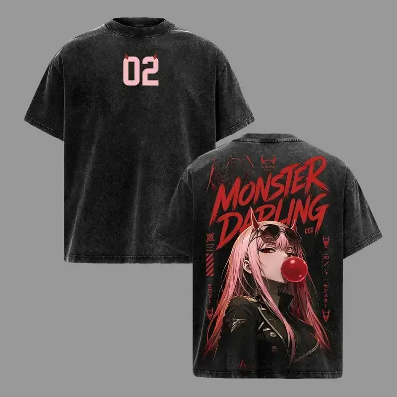 Zero Two Darling in the Franxx Oversized Vintage  Men's Heavy Cotton Y2K Anime Manga Tee Hip Hop Streetwear Unisex Crewneck Short Sleeve Retro Top Ultimate Otaku Gift For All Japanese Animation Fans Trending TikTok Daily Apparel Menswear Print