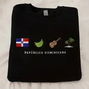 Republica Dominicana Embroidery Sweatshirt, Cozy, Black, Island, Platano Verde, Bachata, Merengue, Guitar Gift Symbol Stitch Crewneck Unisex