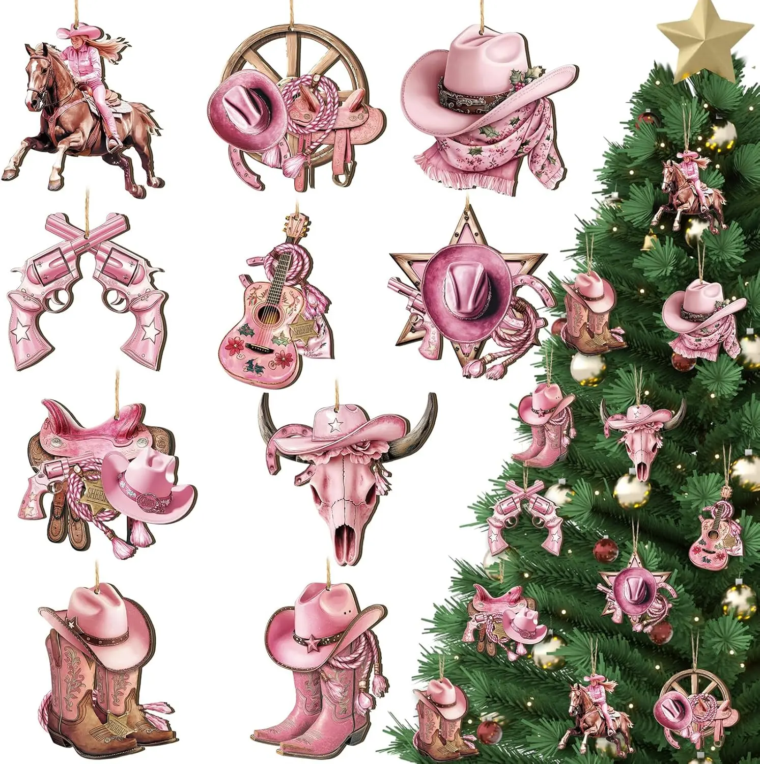 40 count Western Christmas Ornament  Cowgirl Tree Ornament Cowboy Hat Boots Guitar Wooden Hanging Decor Western Theme Party Decorations Christmas Decorations for Xmas Tree