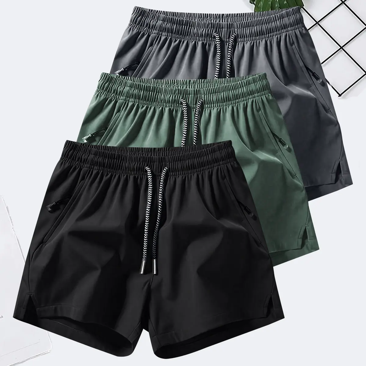 Men's Solid Color Casual Shorts Three-Piece Set, With Zipper Pockets, Summer Fashion Drawstring Sports Shorts, Suitable For Gym And Outdoor Wear Men's Solid Color Casual Shorts Three-Piece Set, With Zipper Pockets, Summer Fashion Drawstring Sports Shorts, Suitable For Gym And Outdoor Wear