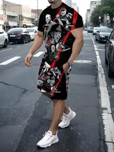 Men's Polyester Fiber 3D Print Short Sleeve Shorts Set, Quick-Dry Casual Two-Piece, Slim-Fitting Regular Length, All Seasons