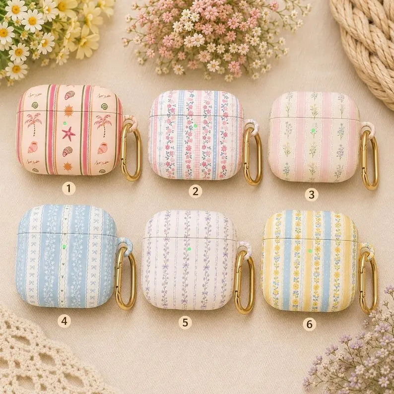 Coquette Floral AirPods Case for AirPods 4 3 Pro 2, Cottagecore Bow Earbud Cover, Cute Vintage Stripes Floral Case Protective Gift for Her