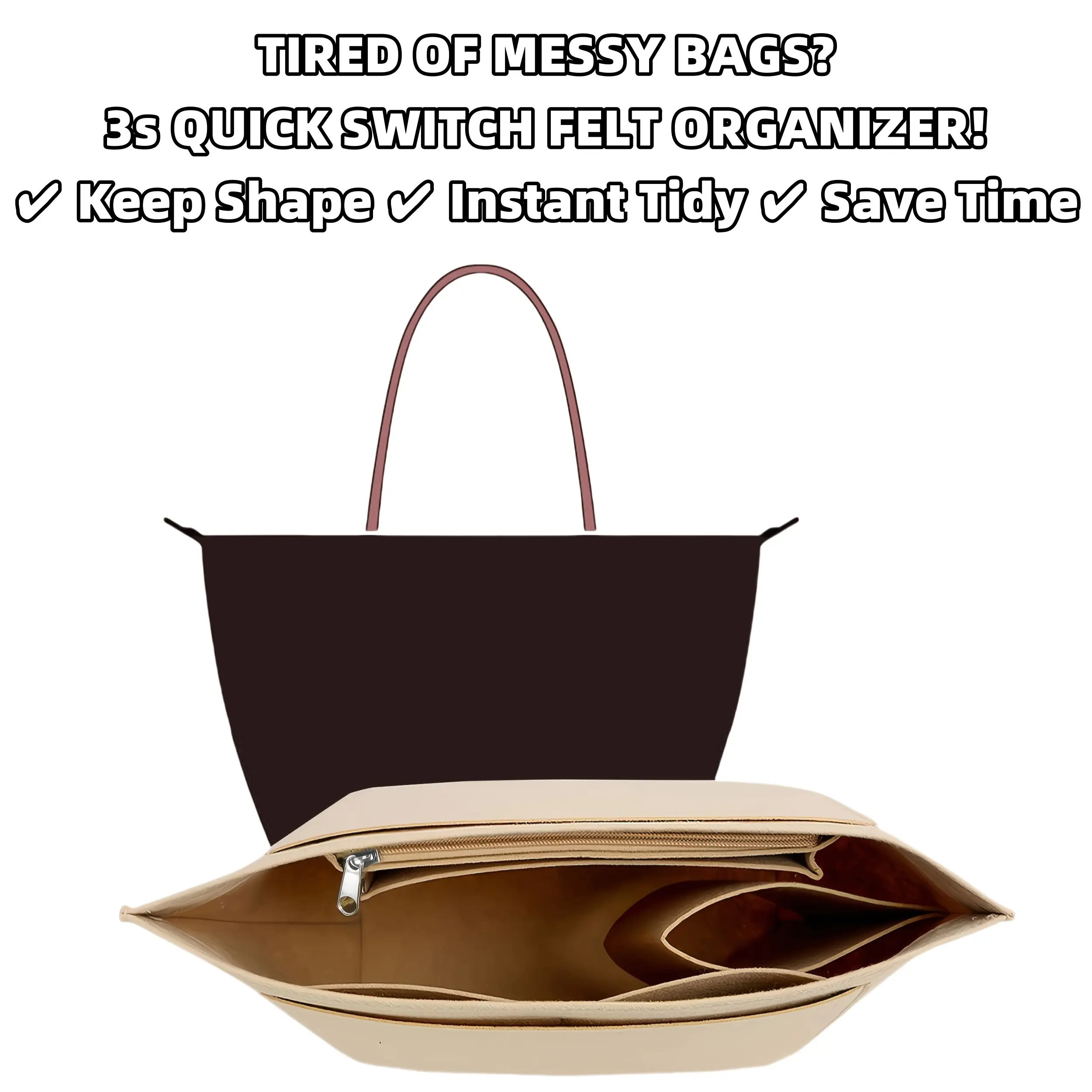 Felt Bag Organizer, 3-in-1 Zippered Tote Insert with Bottle Pocket, Lightweight Foldable Accessory for Totes & Backpacks, Bag Organizers, Storage Organizer, Everyday