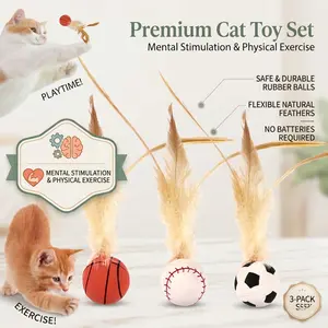 3-Pack Spring Feather Cat Toys - Interactive Rubber Ball for Indoor Cats, Kitten Teaser Wand for Exercise, Mental Stimulation & Boredom Relief, Battery-Free & Safe Play