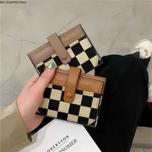 Viral Checkerboard Card Holder - Slim Vegan Leather Wallet with Snap Closure Multiple Card Slots & ID Window Aesthetic Y2K Vintage Style for Women & Men Ideal for Daily Carry & Travel Essentials