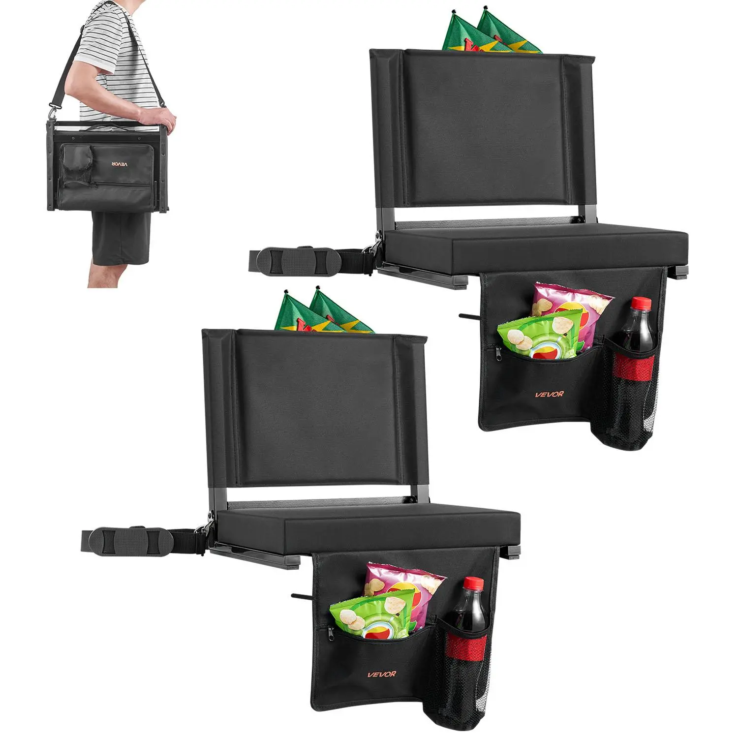 【summerfinds】VEVOR Stadium Seat, Folding Bleacher Seat with Back Support and Thick Cushion, Padded Stadium Seats for Bleacher Includes Shoulder Strap, Hooks, Cup Holder, and Side Pocket, Black Bleachers Chair