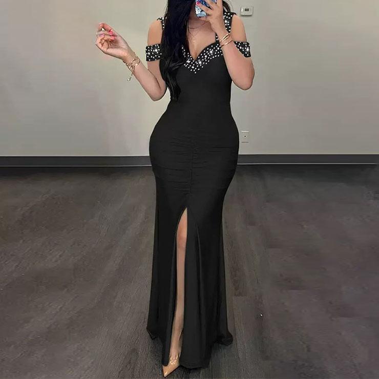 Summer Black Apricot European and American Style Elegant Hot Diamond Off-shoulder Slim High Waist Hip Slit Dress Milkmaid Dresses Evening Fabric